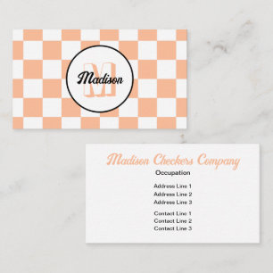 Chequered squares peach white retro Monogram Business Card