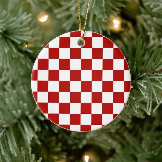 Chequered squares red white geometric retro ceramic ornament (Tree)
