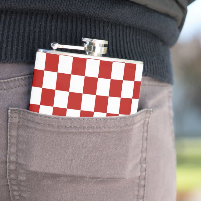 Chequered squares red white geometric retro hip flask (In Situ)