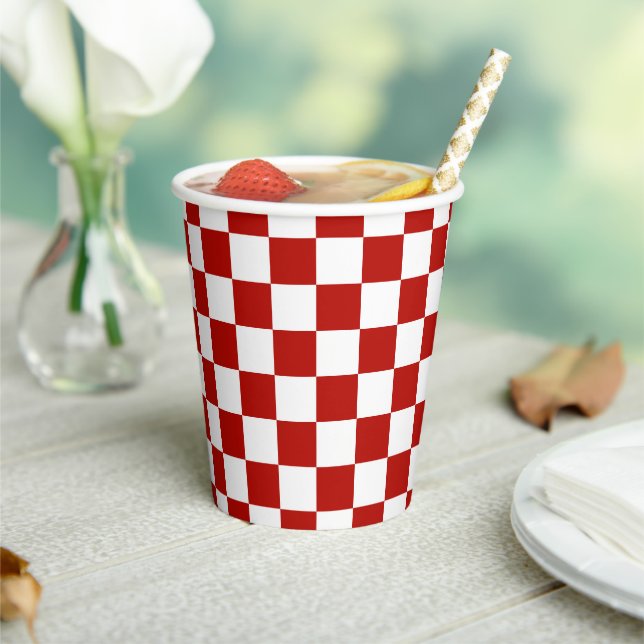 Chequered squares red white geometric retro paper cups (Insitu)