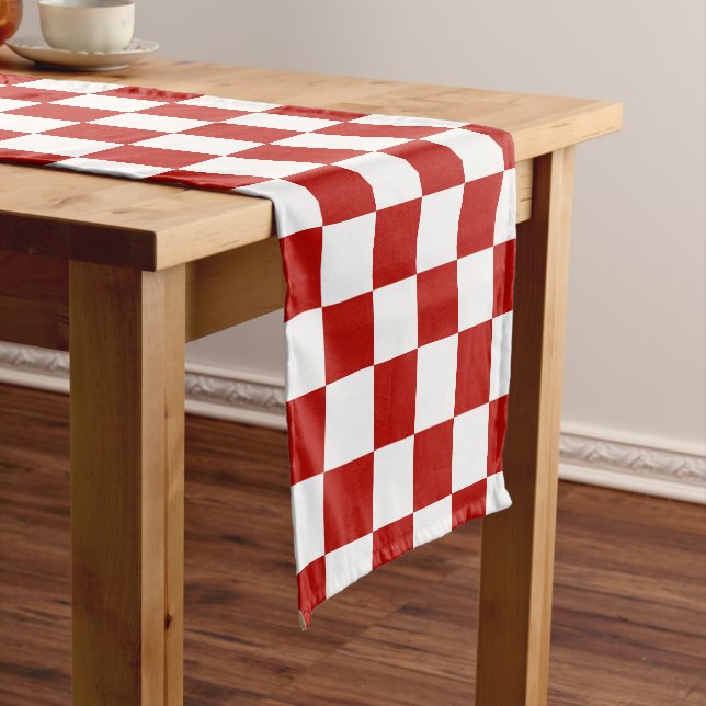 Chequered squares red white geometric retro short table runner (In Situ)