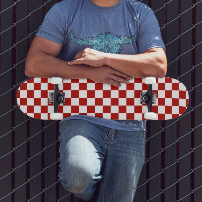 Chequered squares red white geometric retro skateboard (Outdoor 3)