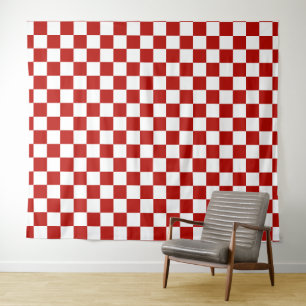 Chequered squares red white geometric retro tapestry