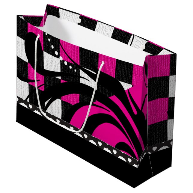 Chequered Swirl Design | Black, White and Hot Pink Large Gift Bag (Front Angled)