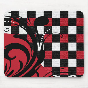 Chequered Swirl Pattern   Dark Red, White, Black Mouse Pad