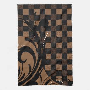 Chequered Swirly Pattern   Brown, Tan, Black Tea Towel