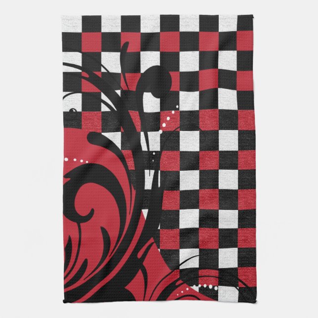 Chequered Swirly Pattern | Dark Red, White, Black Tea Towel (Vertical)