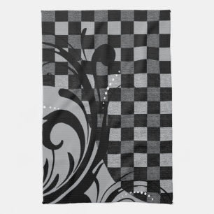 Chequered Swirly Pattern   Grey and Black Tea Towel