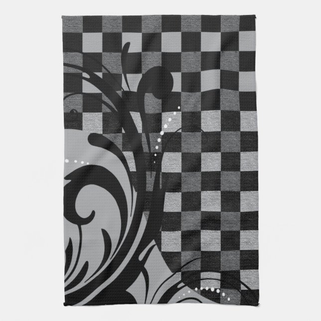 Chequered Swirly Pattern | Grey and Black Tea Towel (Vertical)