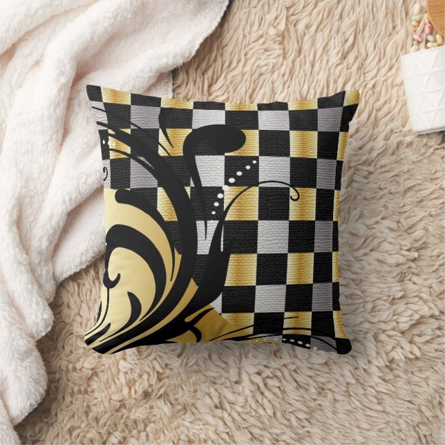 Chequered Swirly Pattern | Silver, Gold, Black Cushion (Blanket)