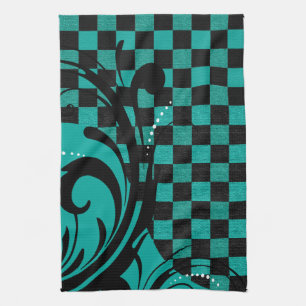 Chequered Swirly Pattern   Teal Blue, Black Tea Towel