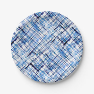 chequered, tartan, plaid, classic, blue, white paper plate