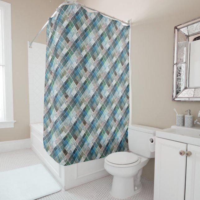 chequered, tartan, plaid, classic, blue, white shower curtain (In Situ)