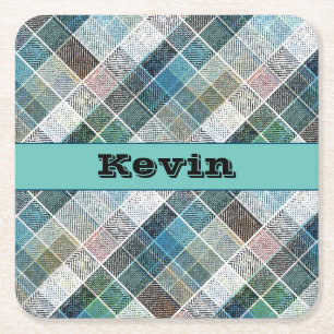 chequered, tartan, plaid, classic,personalised square paper coaster