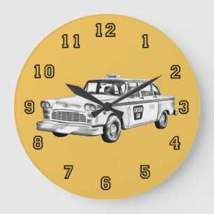 Chequered Taxi Cab Illustration Large Clock