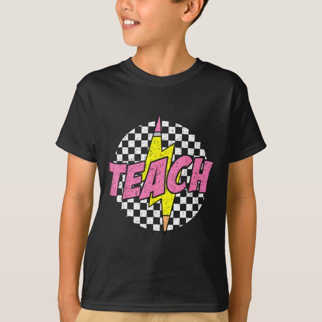Chequered Teach Pencil Lightning Bolt Back To Scho T-Shirt (Front)