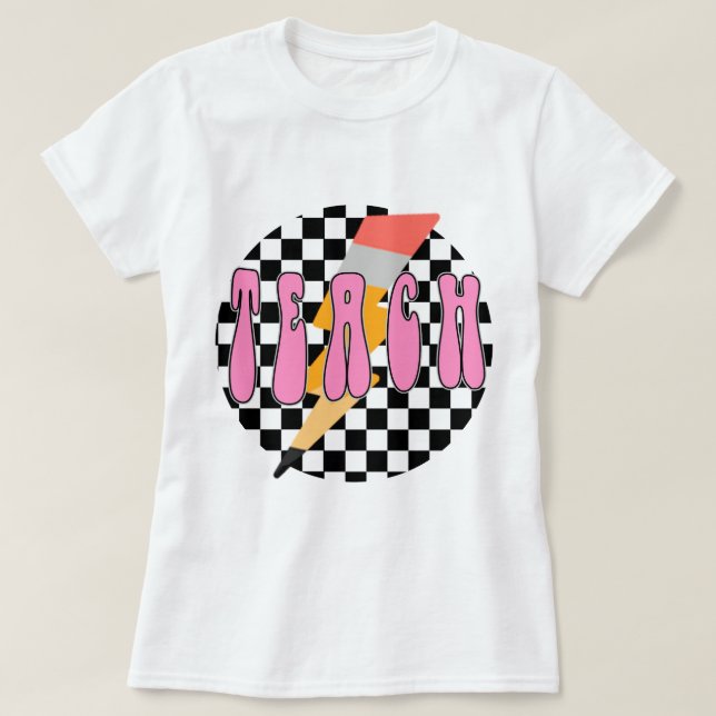 Chequered Teach Shirt, Retro Pencil Teacher Shirt, T-Shirt (Design Front)
