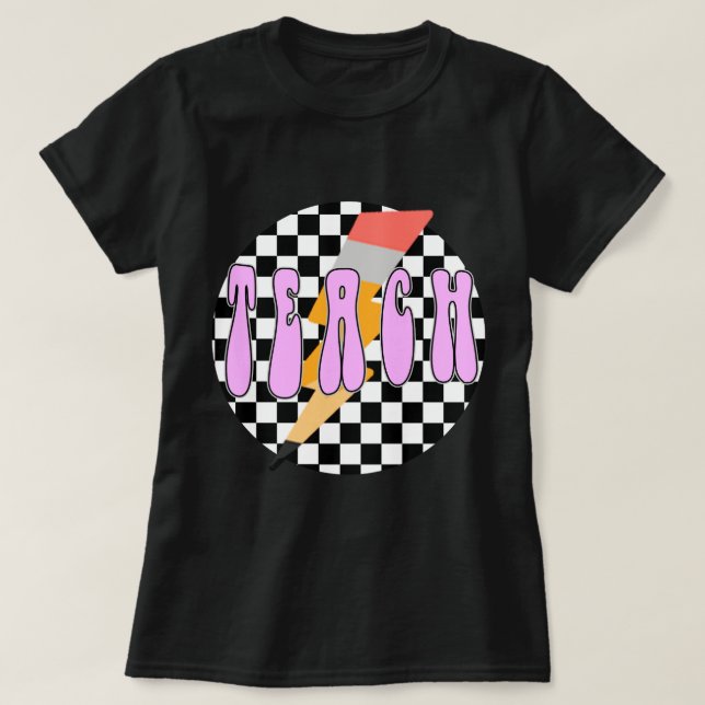 Chequered Teach Shirt, Retro Pencil Teacher Shirt, T-Shirt (Design Front)