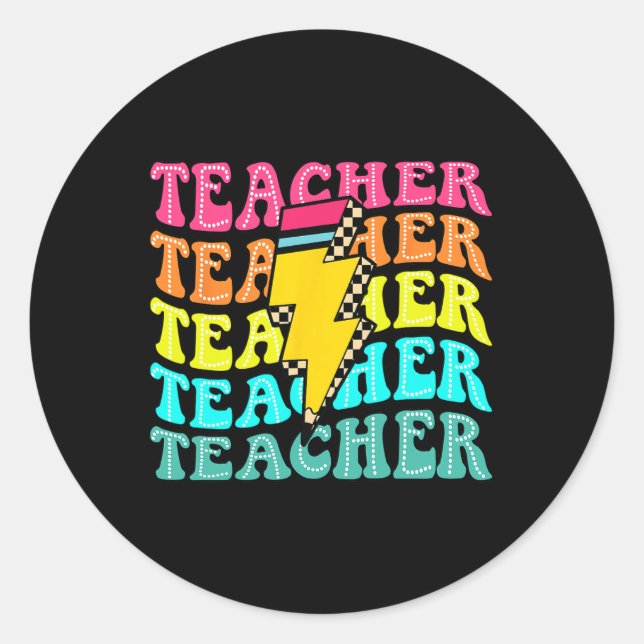 Chequered Teacher Bolt Lightning Back To School Te Classic Round Sticker (Front)