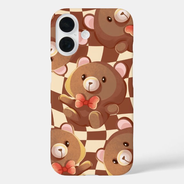'Chequered Teddy Bear' iPhone 16 Case (Back)