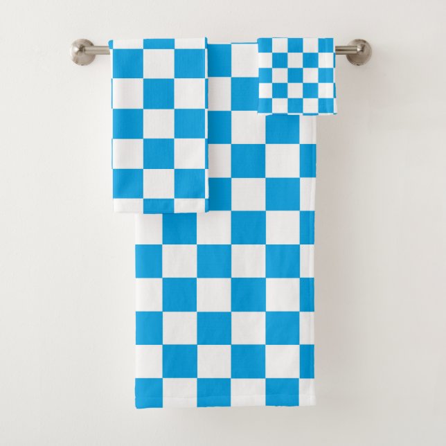 Chequered Turquoise and White Bath Towel Set (Insitu)