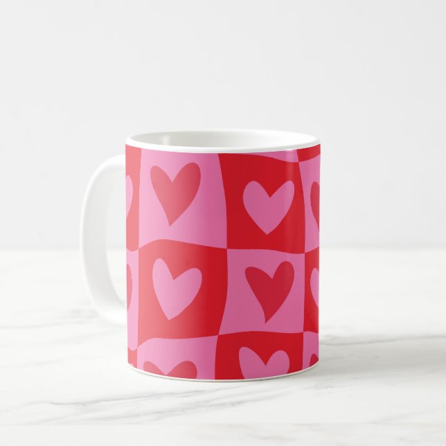 Chequered Warped Pink and Red Hearts Pattern  Coffee Mug (Front Left)