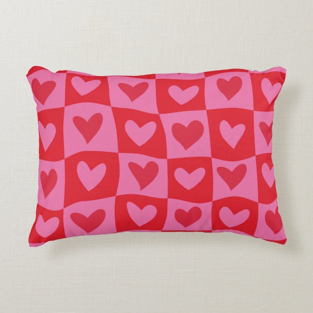 Chequered Warped Pink and Red Hearts Pattern  Decorative Cushion (Front)