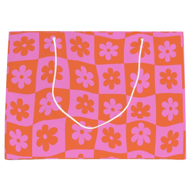 Chequered Warped Retro Pink and Orange Flowers Large Gift Bag (Front)
