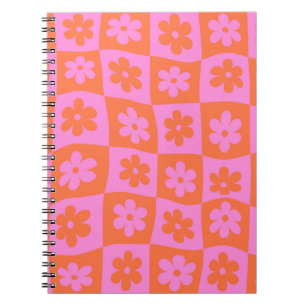 Chequered Warped Retro Pink and Orange Flowers Notebook