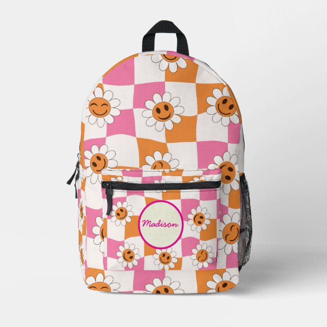 Chequered Warped Smiling flowers Custom Name  Printed Backpack (Front)