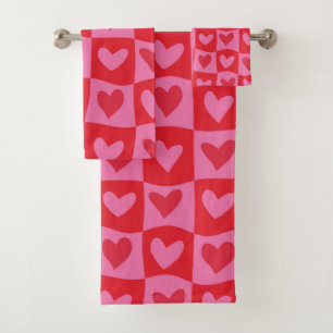 Chequered Warped Trippy Pink and Red Hearts Bath Towel Set