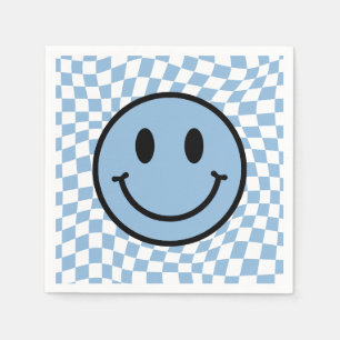 Chequered Wavy Blue Preppy Smile Birthday Napkin