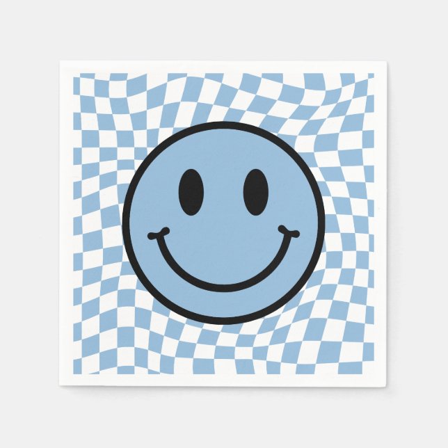 Chequered Wavy Blue Preppy Smile Birthday Napkin (Front)