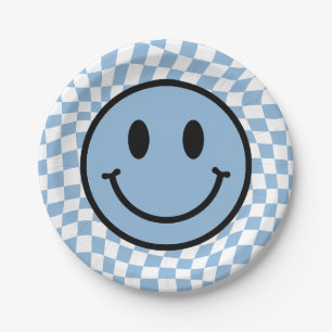 Chequered Wavy Blue Preppy Smile Birthday Paper Plate
