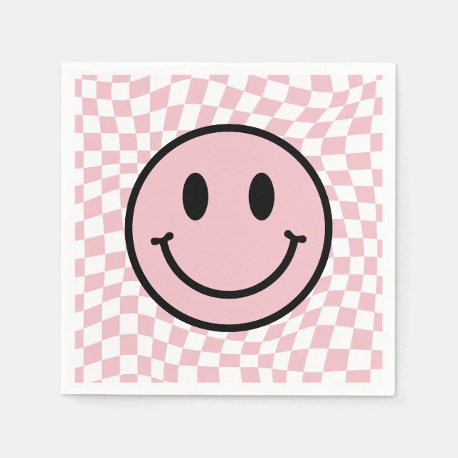 Chequered Wavy Pink Preppy Smile Birthday Napkin (Front)