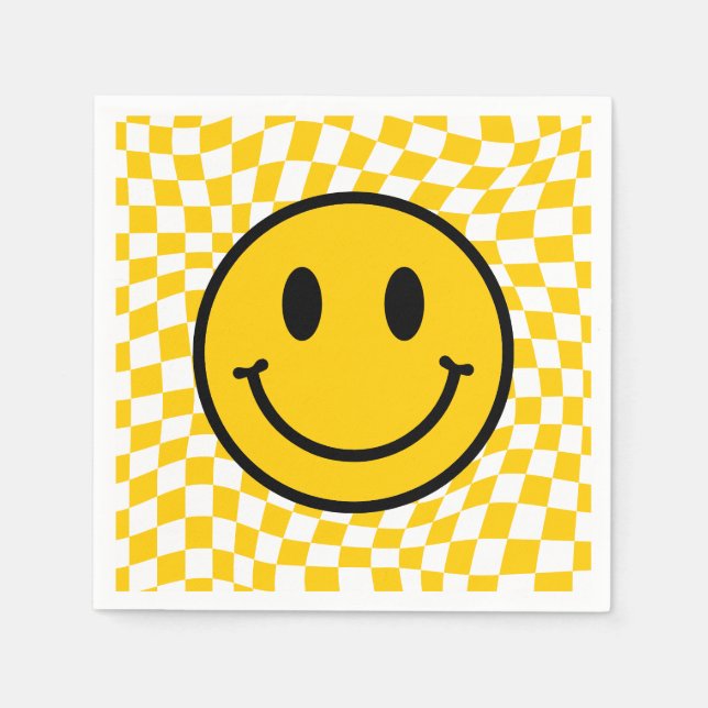 Chequered Wavy Yellow Preppy Smile Birthday Napkin (Front)