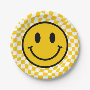 Chequered Wavy Yellow Preppy Smile Birthday Paper Plate