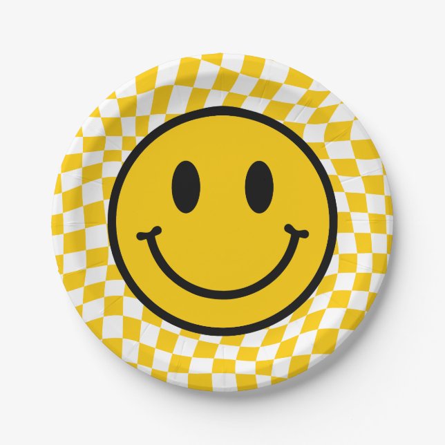 Chequered Wavy Yellow Preppy Smile Birthday Paper Plate (Front)