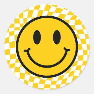 Chequered Wavy Yellow Preppy Smile Classic Round Sticker