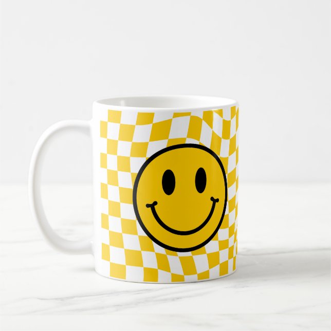 Chequered Wavy Yellow Preppy Smile Coffee Mug (Left)