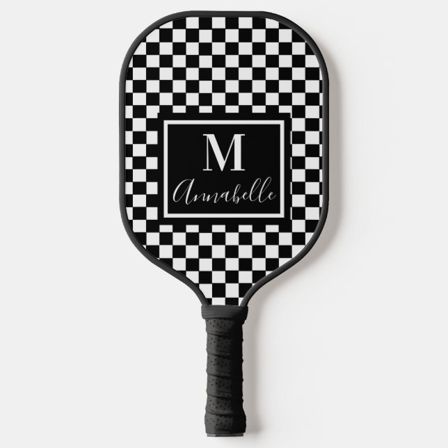 Chequered White and Black Custom Name Initial Pickleball Paddle (Front)