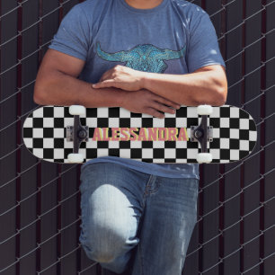 Chequered White and Black Custom Retro Name  Skateboard