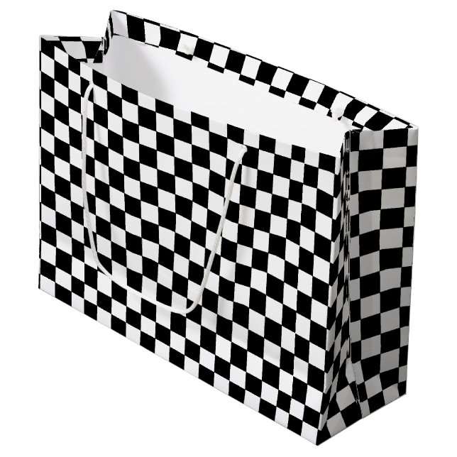 Chequered White and Black  Large Gift Bag (Front Angled)