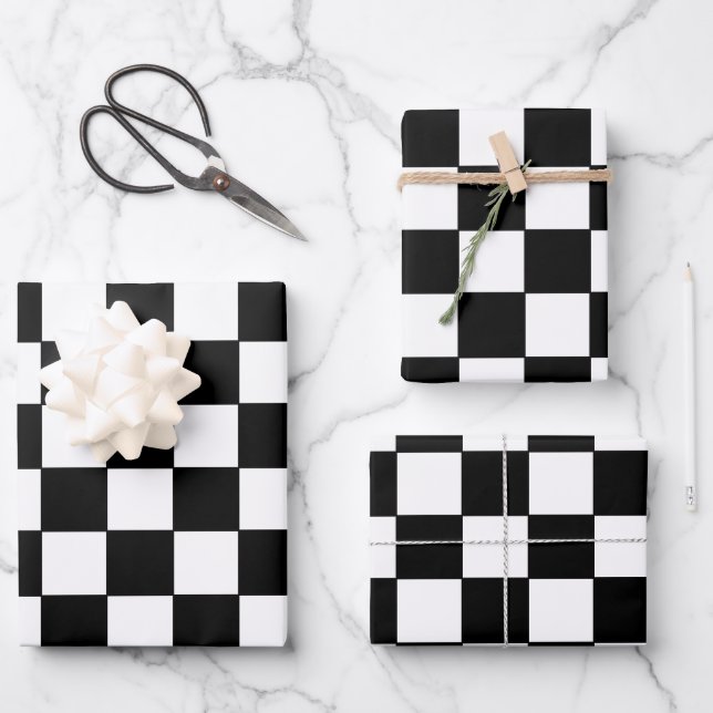 Chequered White and Black  Wrapping Paper Sheet (Front)