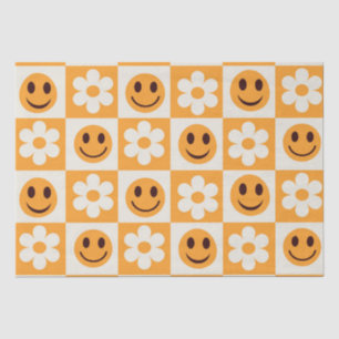 Chequered White Flowers and Orange Happy Faces  Tissue Paper