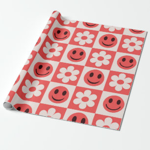 Chequered White Flowers and Red Smiling Faces Wrapping Paper