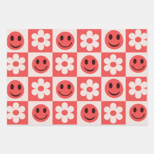 Chequered White Flowers and Red Smiling Faces Wrapping Paper Sheet