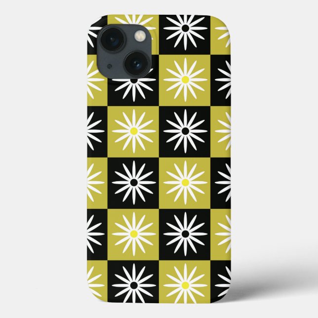 Chequered White  Flowers on Black Yellow squares  Case-Mate iPhone Case (Back)