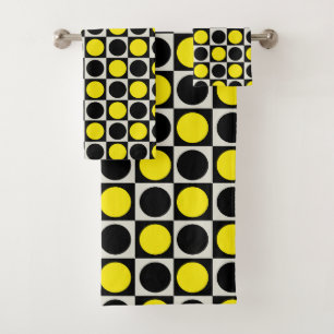 Chequered Yellow Black Dots Pattern Design Bath Towel Set