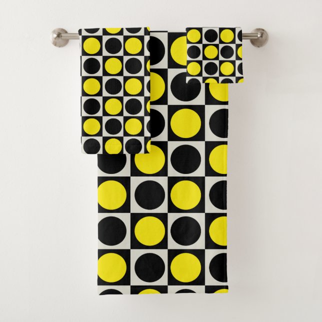 Chequered Yellow Black Dots Pattern Design  Bath Towel Set (Insitu)